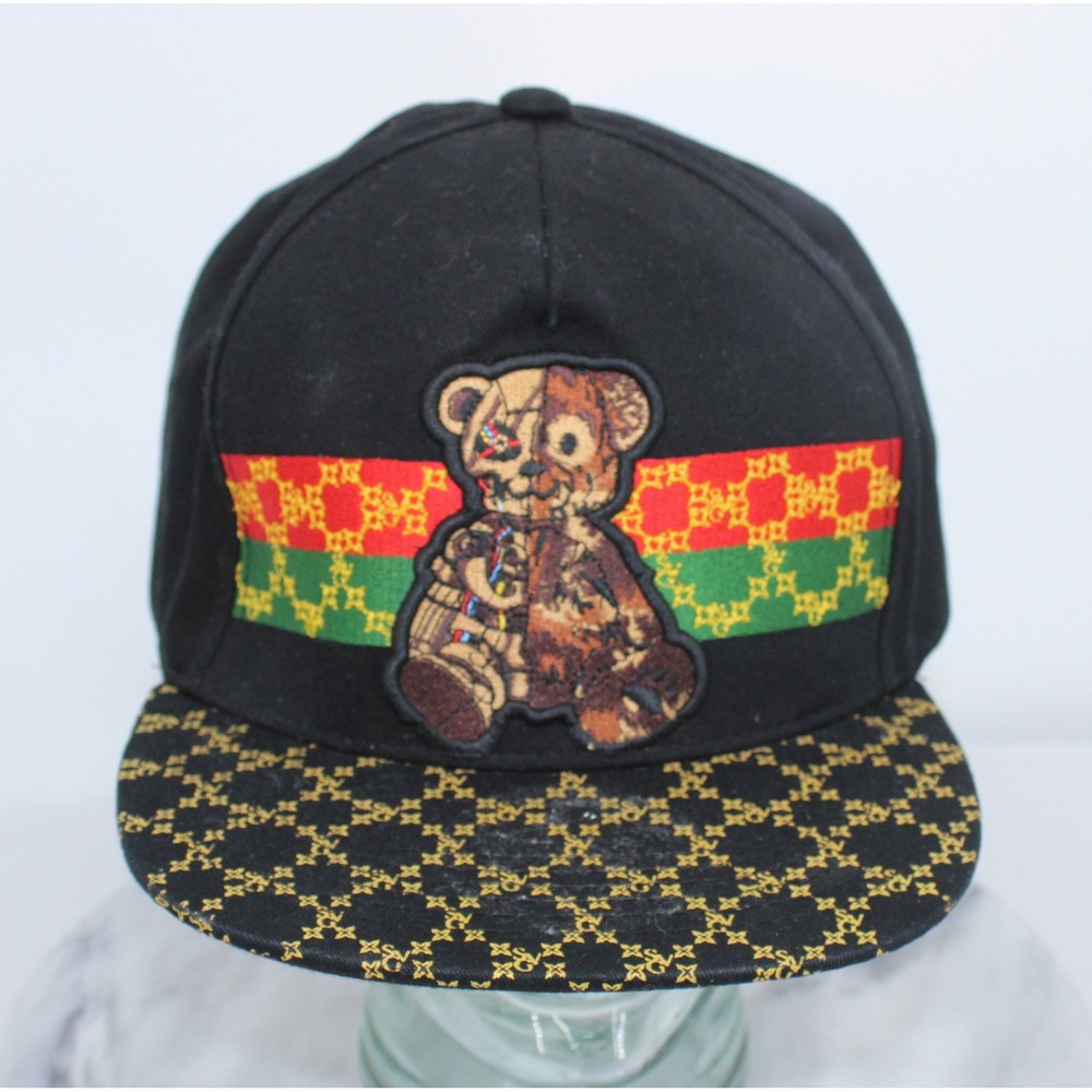 Top Level Savage Snapback Hat Black Teddy Bear Mechanical Graphic Flat Brim Cap